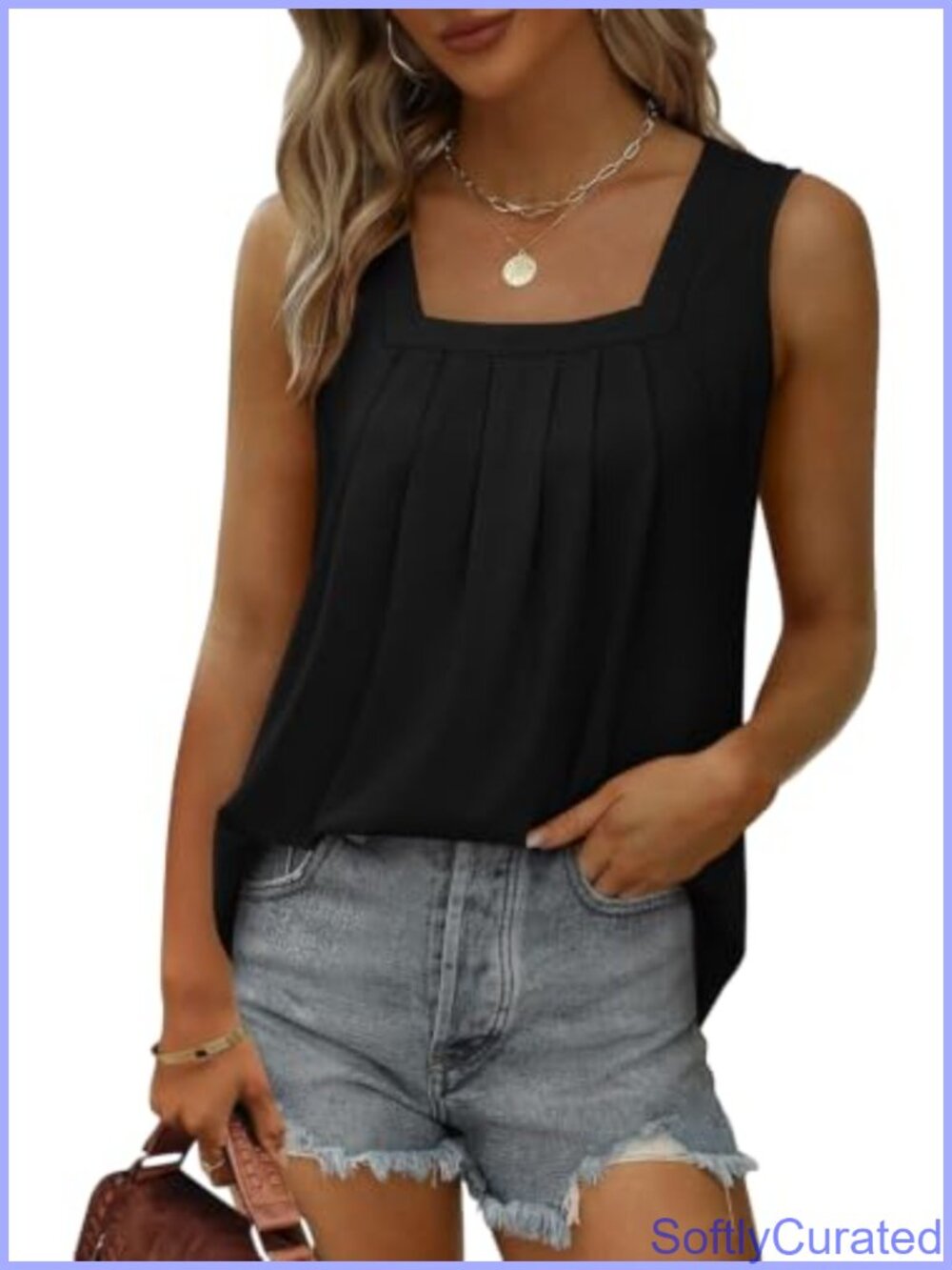 Womens Pleated Square Neck Tank Top Loose Fit Sleeveless Summer Blouse